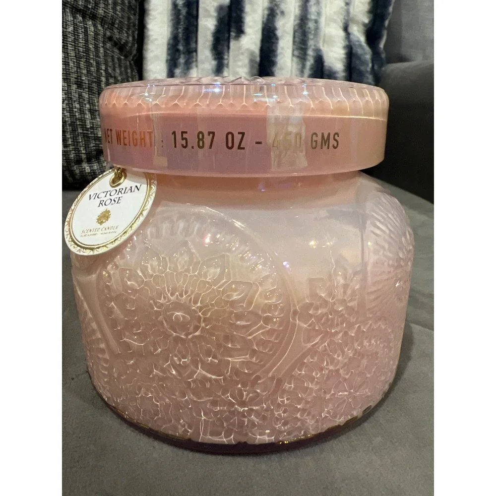Victorian Rose Scented Candle Iridescent Pink Glass